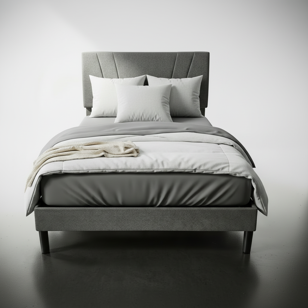 Queen Bed Frames with Light Grey Linen Headboard, Stable Slat Support, No-Box-Spring Needed, Easily Assembly,