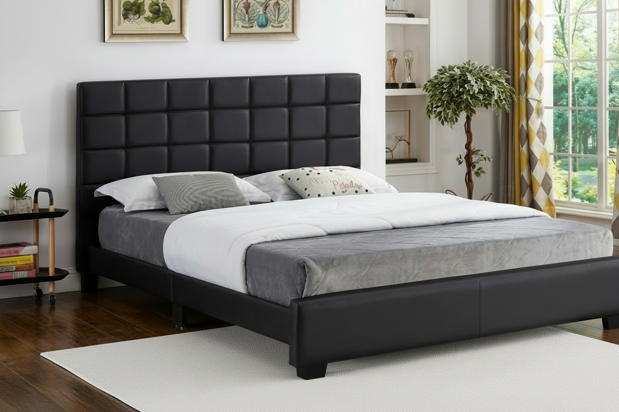 Leatherette Platform Bed with a Square Pattern Tufted Headboard and Storage