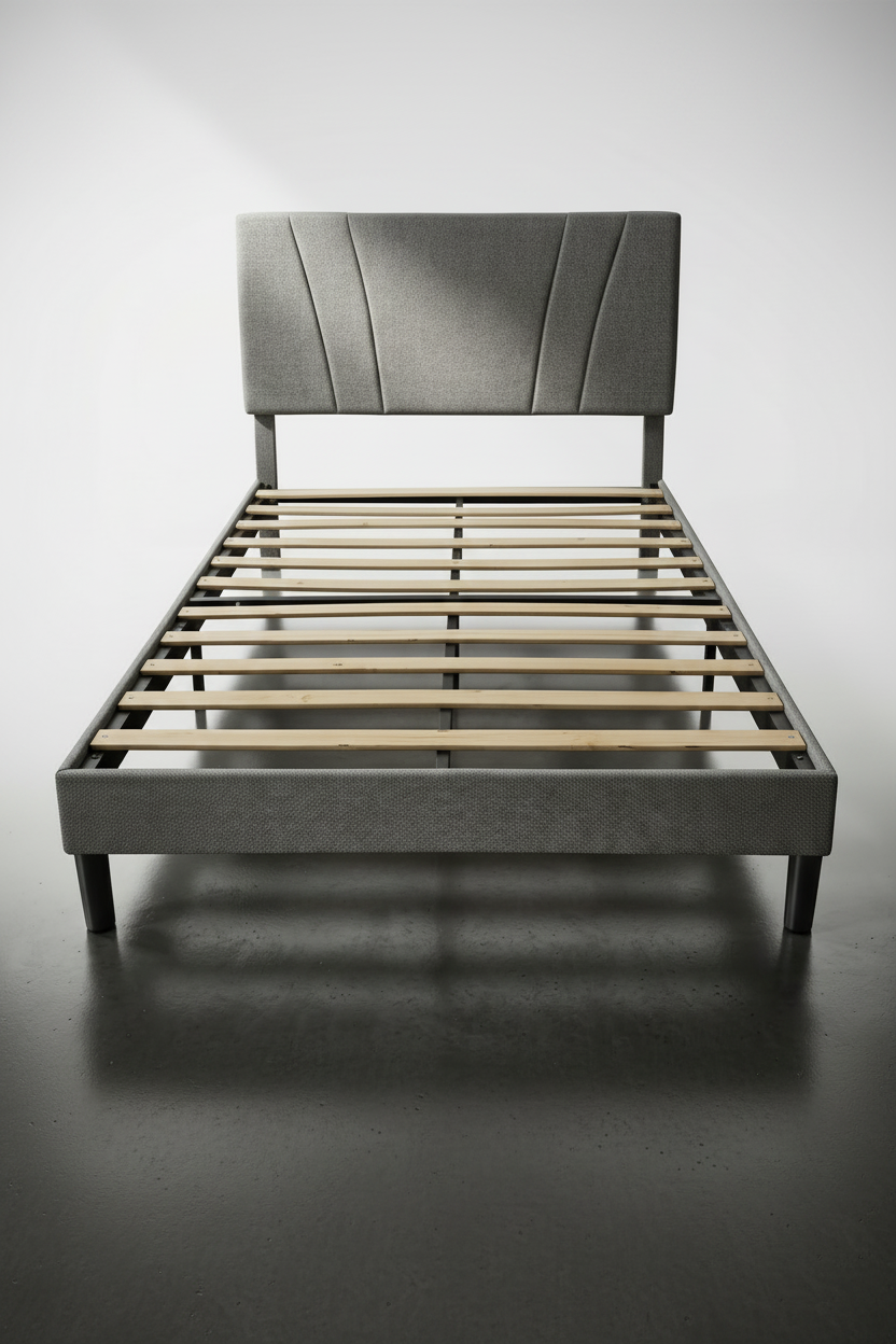 Queen Bed Frames with Light Grey Linen Headboard, Stable Slat Support, No-Box-Spring Needed, Easily Assembly,