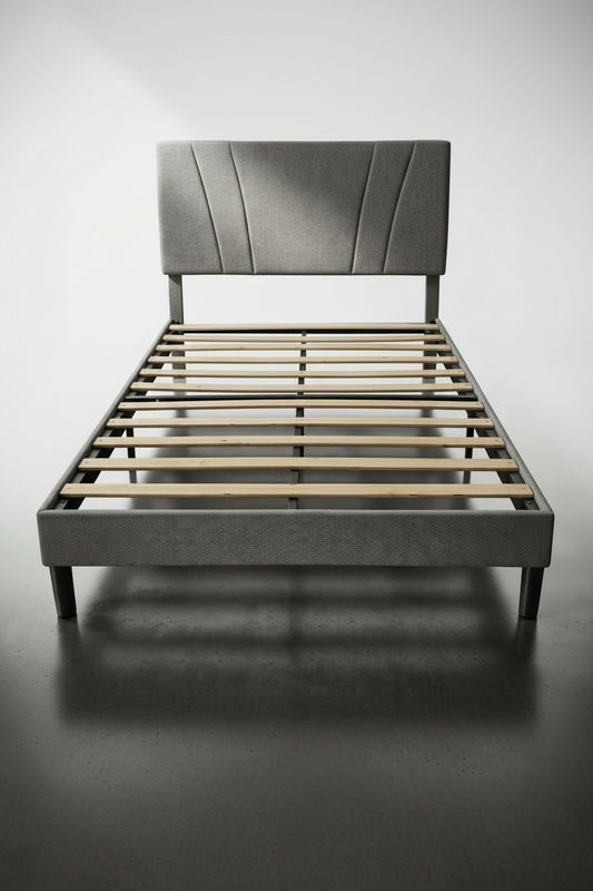 Queen Bed Frames with Light Grey Linen Headboard, Stable Slat Support, No-Box-Spring Needed, Easily Assembly,