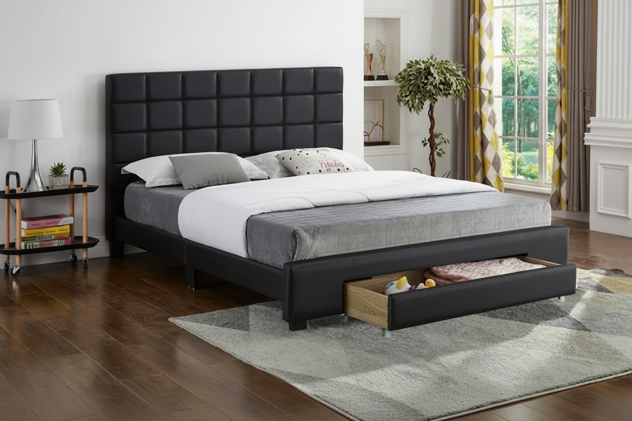Leatherette Platform Bed with a Square Pattern Tufted Headboard and Storage