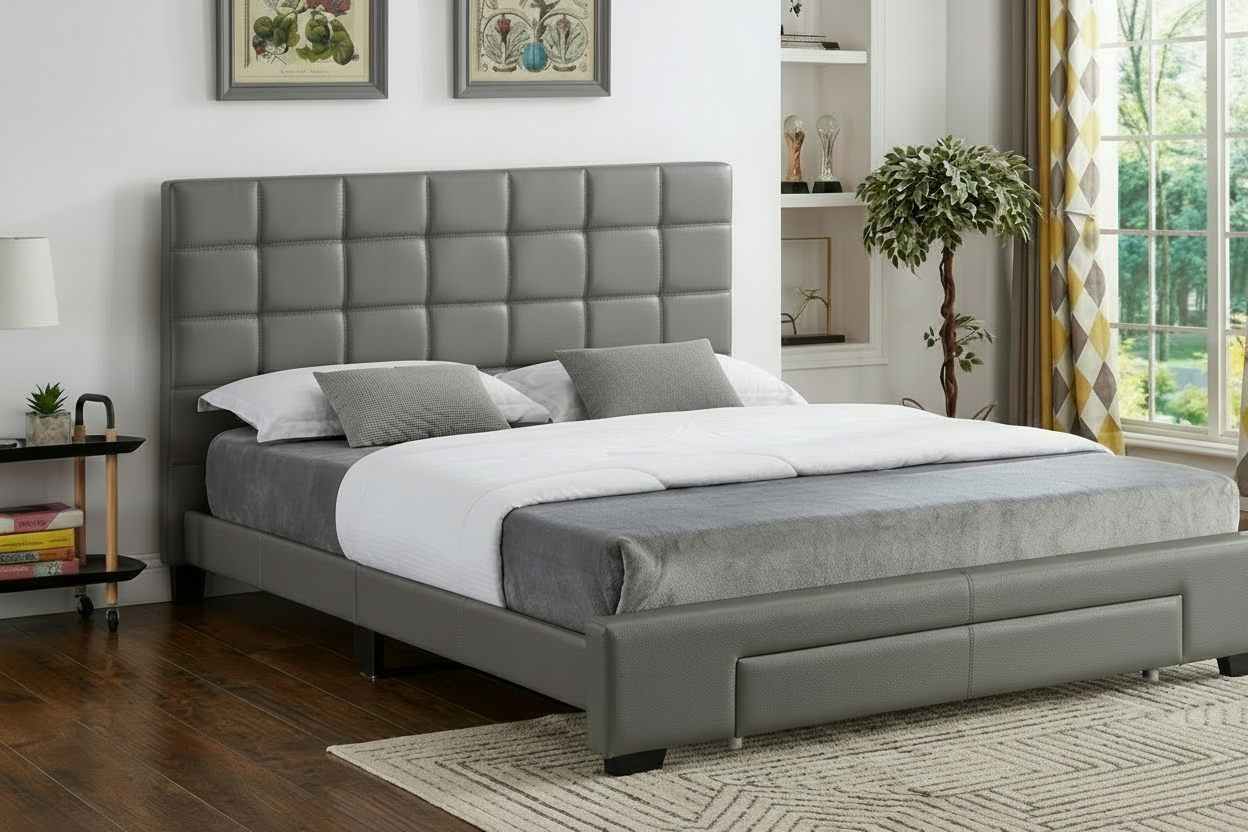 Leatherette Platform Bed with a Square Pattern Tufted Headboard and Storage