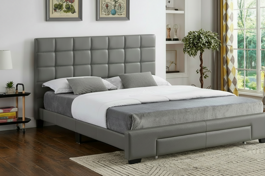 Leatherette Platform Bed with a Square Pattern Tufted Headboard and Storage