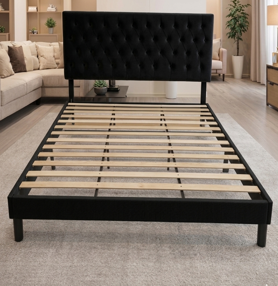 Platform Bed With Button-Tufted Fabric
