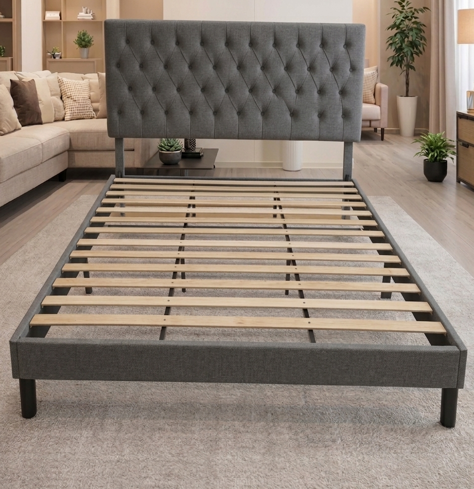 Platform Bed With Button-Tufted Fabric