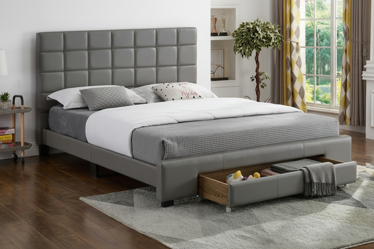 Leatherette Platform Bed with a Square Pattern Tufted Headboard and Storage