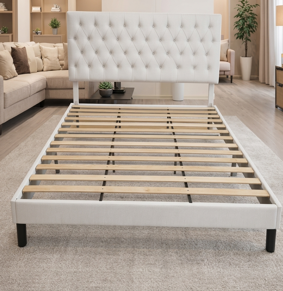 Platform Bed With Button-Tufted Fabric