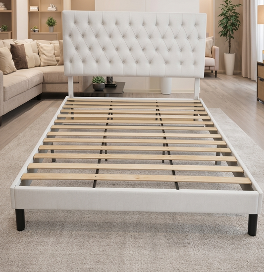 Platform Bed With Button-Tufted Fabric