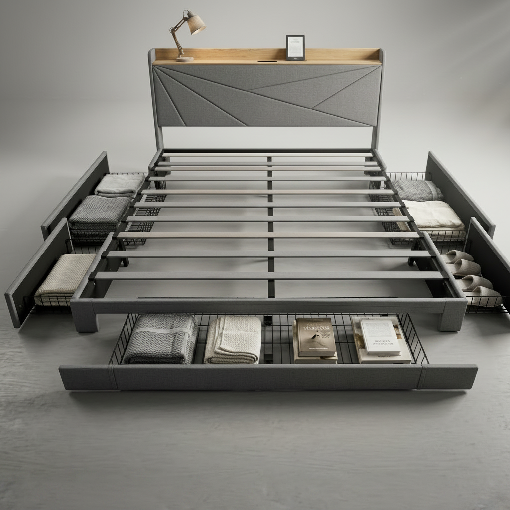 Modern Storage Bed Frame ! USB + TYPE-C + Power Outlet ! Drawer& Side Storage